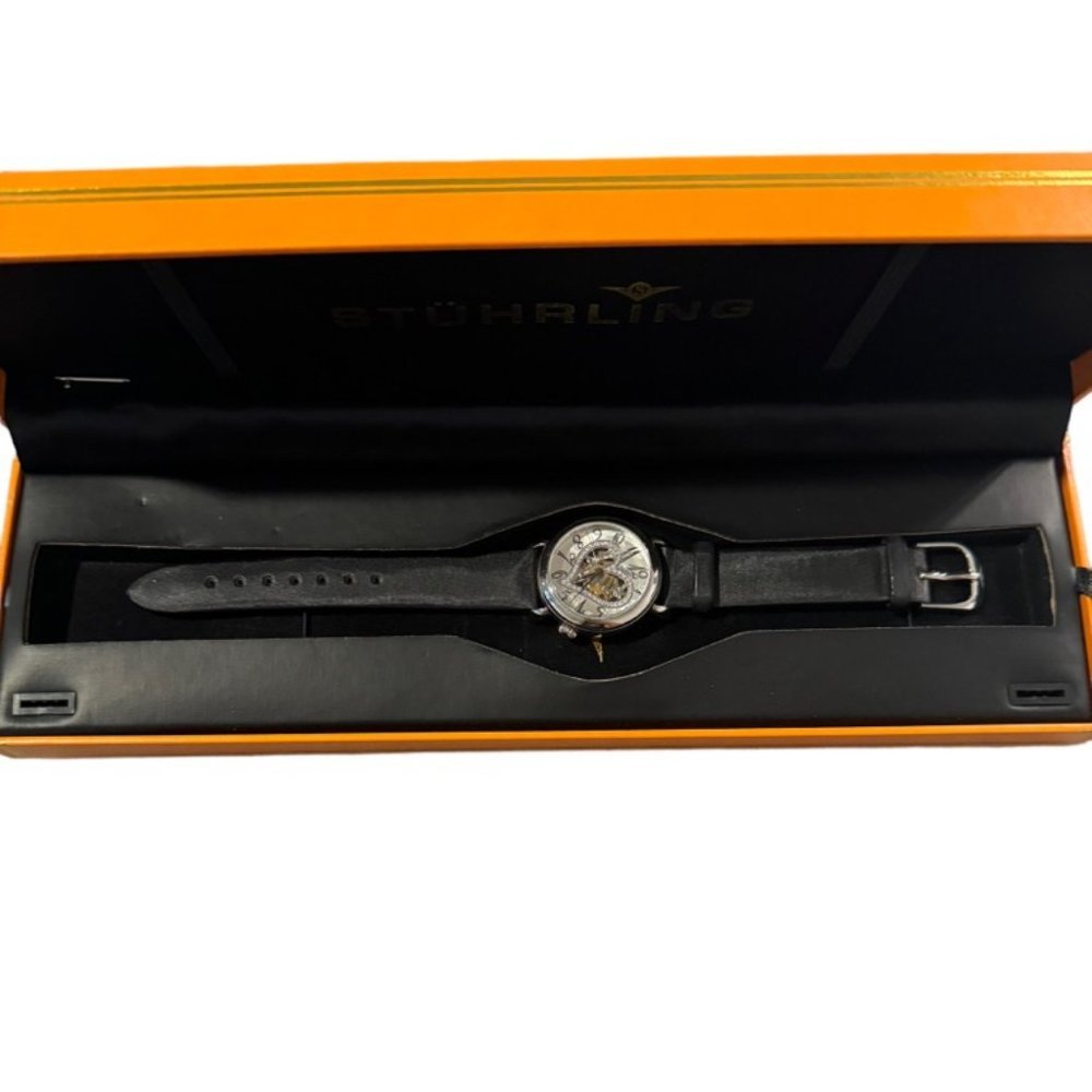 Stuhrling Crystal Heart Stainless Steel Black Leather Band Skeleton Watch